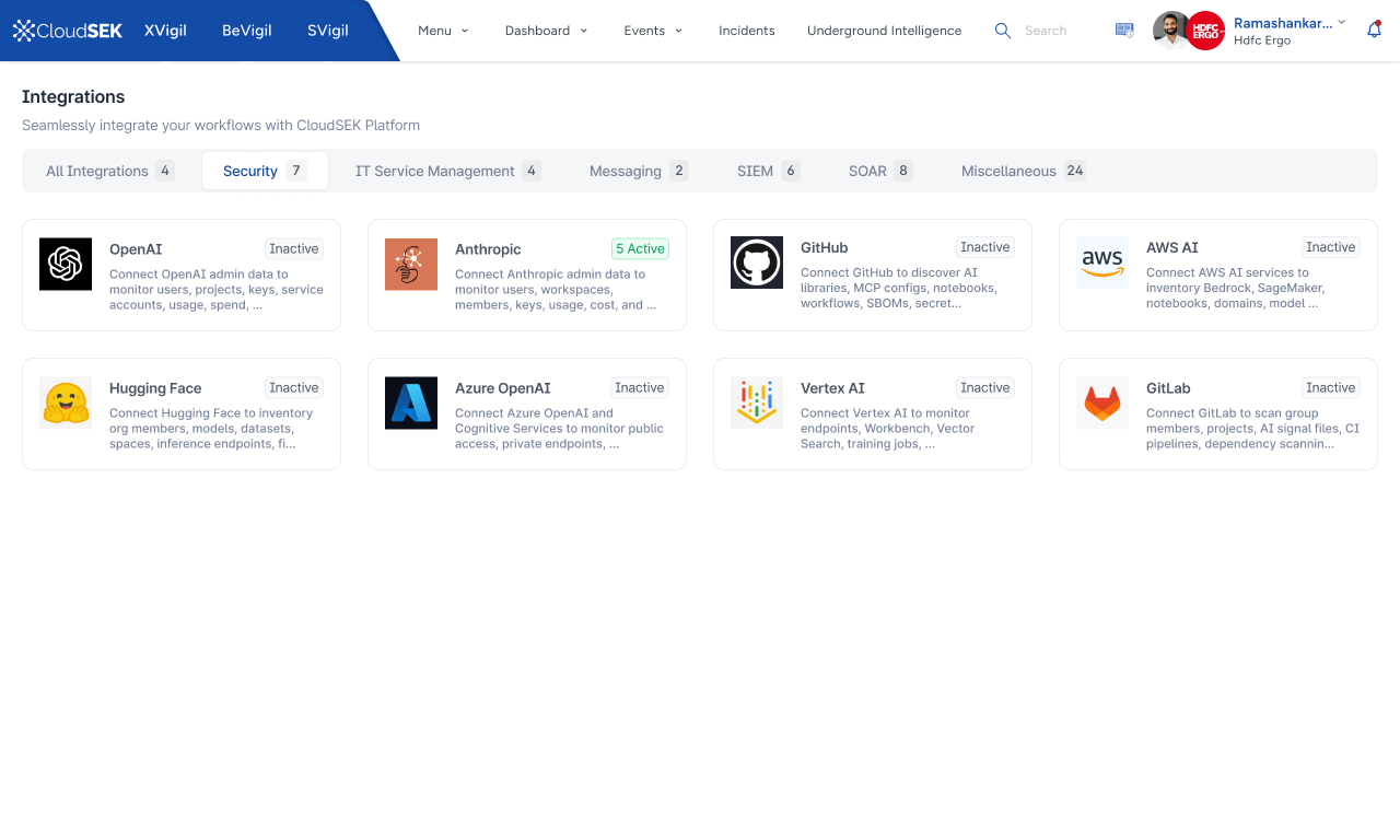CloudSEK Integrations / Security Connectors Grid