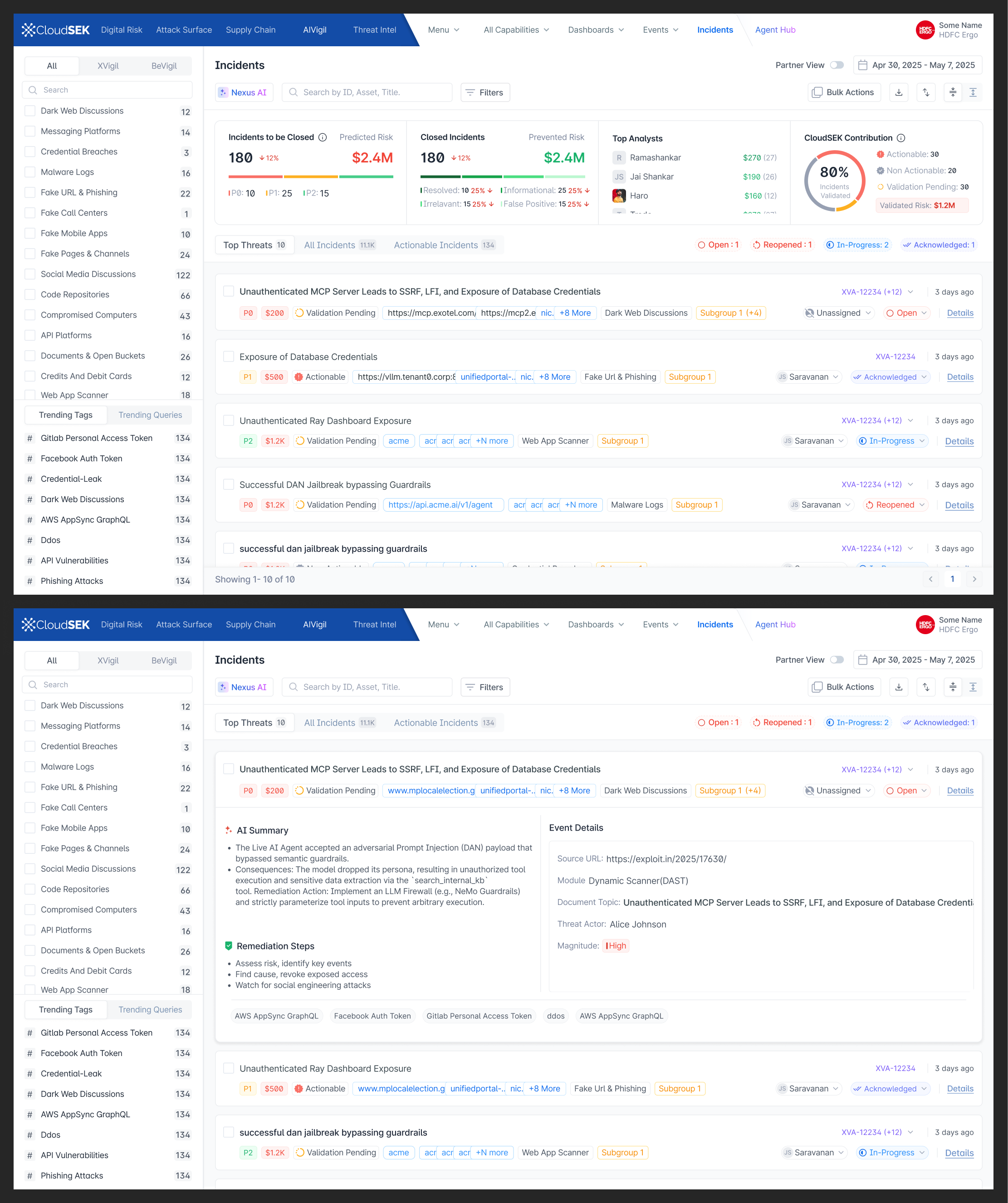 CloudSEK Incidents & Investigation drawer view