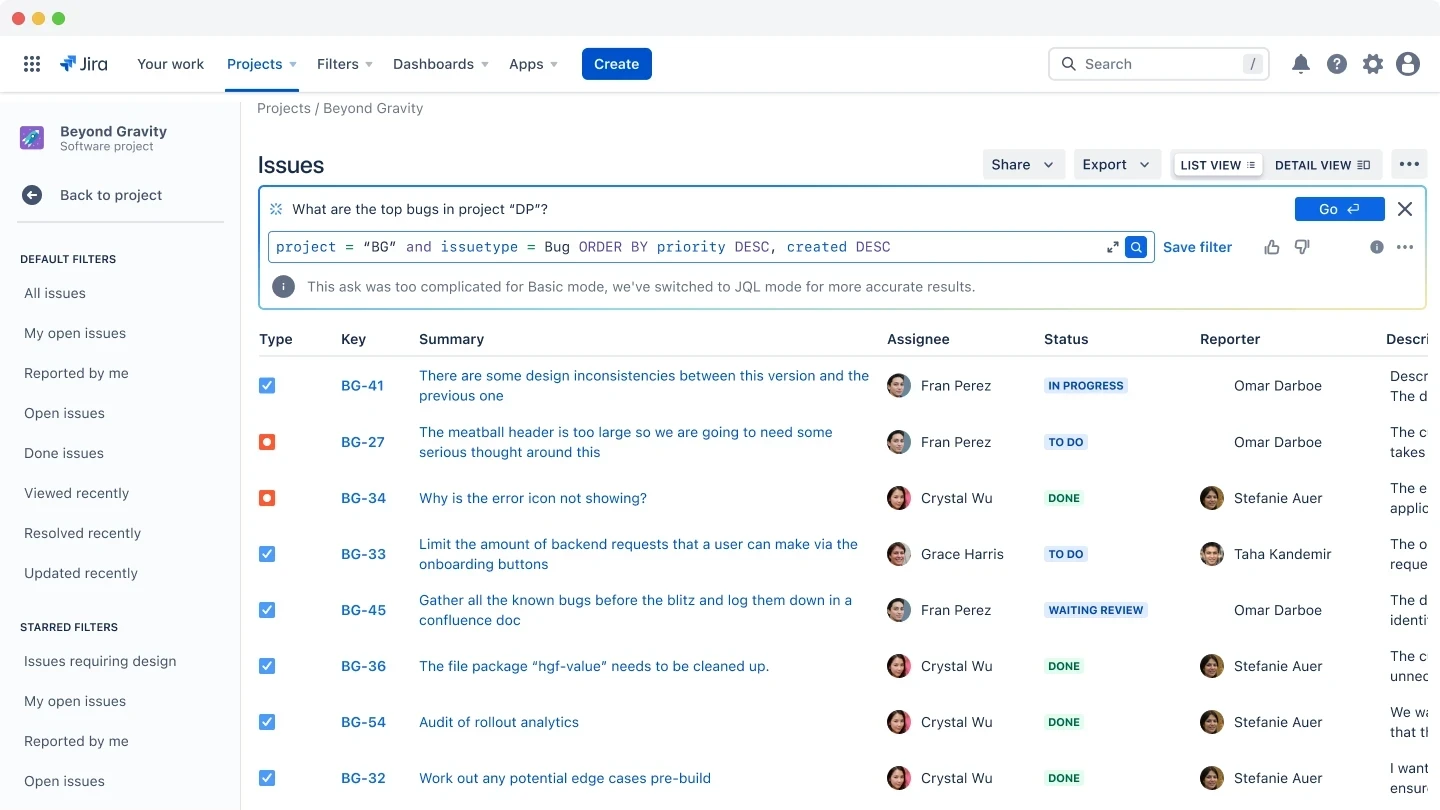 Atlassian Intelligence Jira Data Table Search