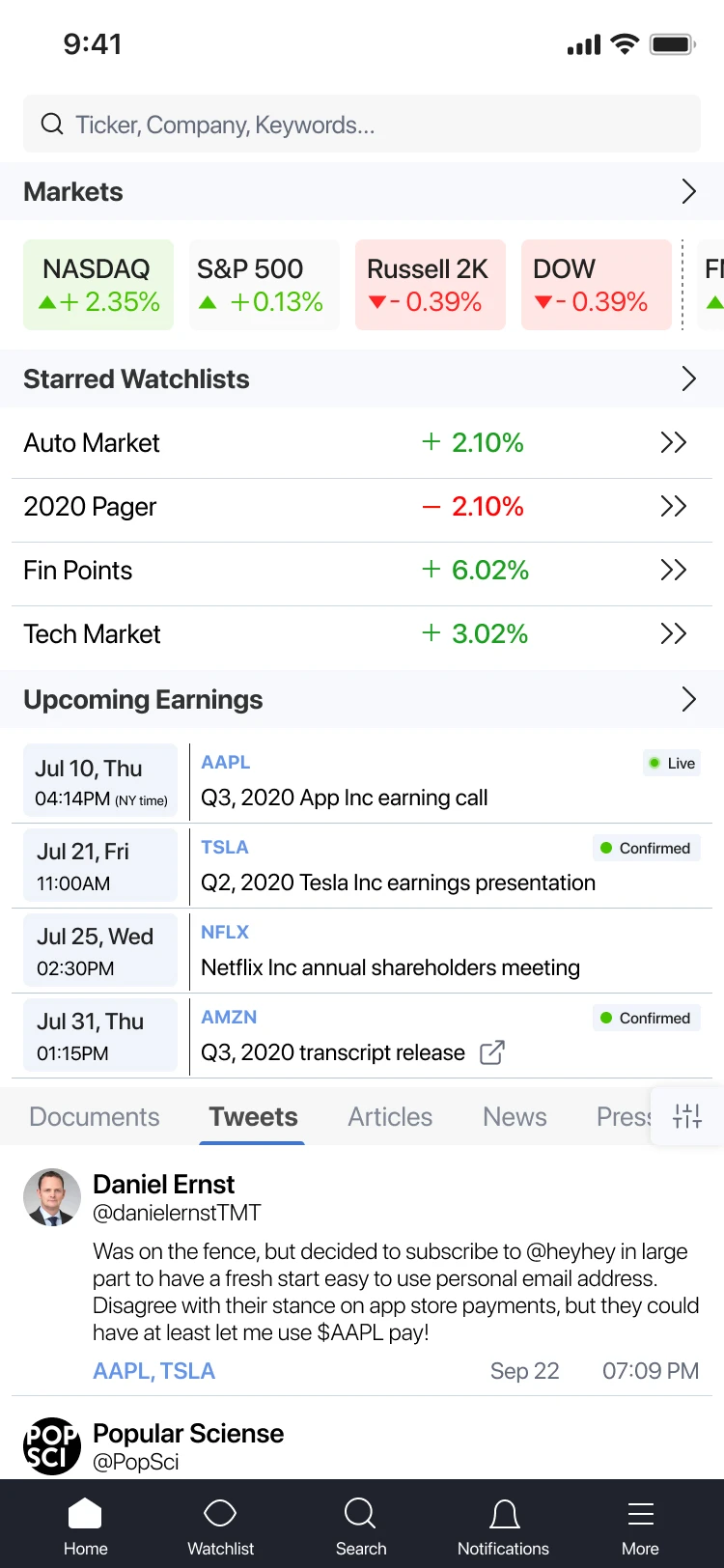 Sentieo Mobile App Intelligent Launchpad Home Screen View