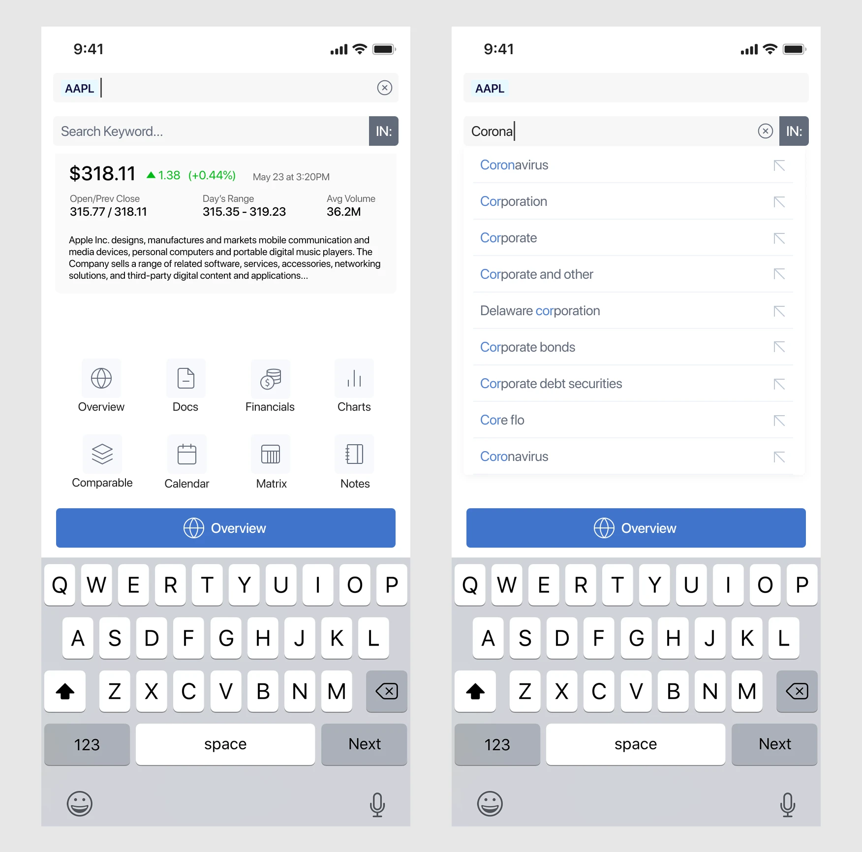 Tokenized Search with Blue Pill Ticker Focus